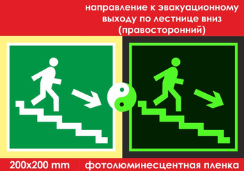 E13 направление к эвакуационному выходу по лестнице вниз (правосторонний) (ГОСТ 34428-2018, фотолюминесцентная пленка, 200х200 мм) - Знаки безопасности - Эвакуационные знаки - Магазин охраны труда ohranatruda-shop.ru